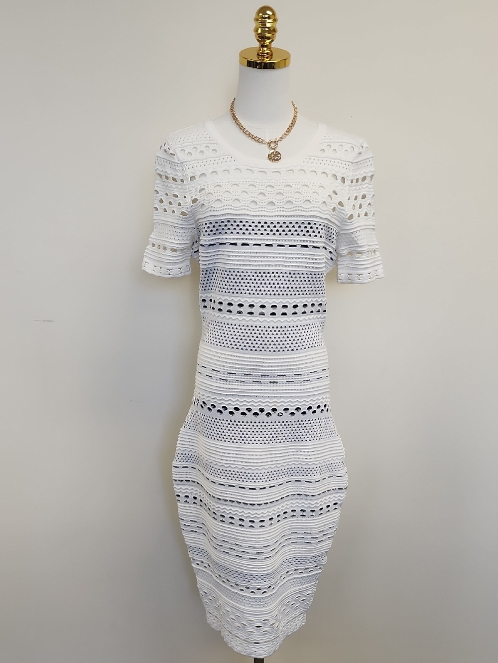 Milly White Eyelet Knit Short-Sleeve Midi Dress Size Large